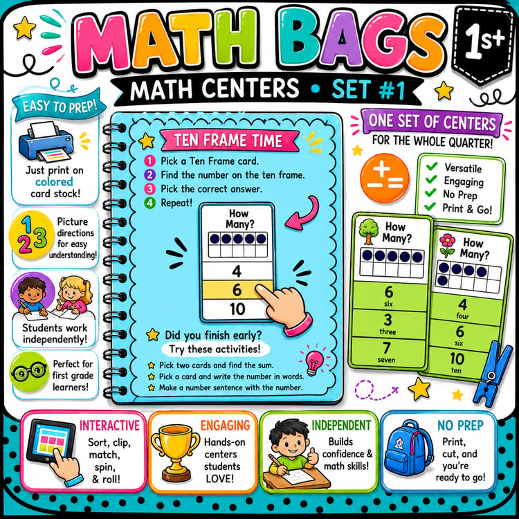 1st Grade Math Centers | 10 Low-Prep Math Bags & Activities Set #1