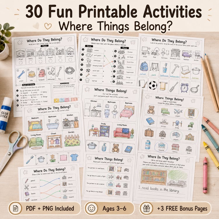 Where Things Belong! – 30 Fun Printable Activities for Kids Ages 3–6 | PDF + PNG Bundle + 3 FREE Bonus Pages
