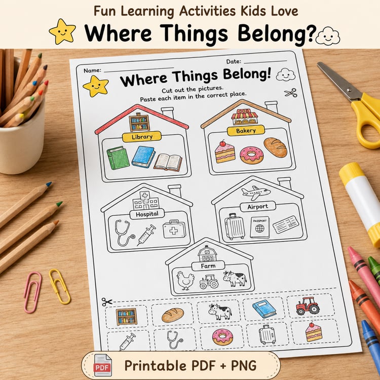 Where Things Belong! – 30 Fun Printable Activities for Kids Ages 3–6 | PDF + PNG Bundle + 3 FREE Bonus Pages
