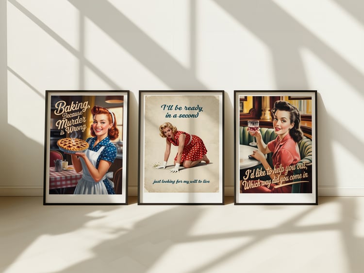 The Retro Sass Edit She's baking. She's on her way. She's offering to help — sort of. Three 1950s women with impeccable style, questionable patience and absolutely no time for nonsense.