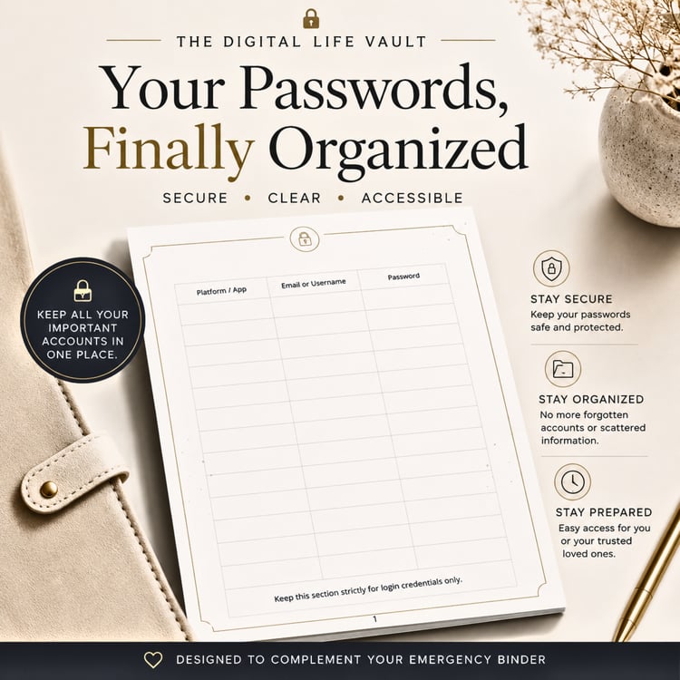 Organize your digital world with The Digital Life Vault — a beautifully designed password and account management workbook created for secure, stress-free information storage. This elegant emergency binder includes dedicated password tracker pages, account recovery sections, authentication method logs, and digital security planning templates. Featuring a luxury neutral aesthetic with minimalist typography and gold accents, this printable password keeper is perfect for families, professionals, seniors, and anyone wanting secure offline password organization. Ideal for emergency preparedness, estate planning, digital legacy management, and personal cybersecurity organization. SEO Keywords: digital life vault, password organizer printable, password keeper book, emergency binder, account recovery planner, password tracker template, digital security planner, printable password logbook, family emergency organizer, cybersecurity workbook, account management journal, emergency preparedness binder, minimalist password book, secure password storage, digital legacy planner, offline password manager, password notebook, authentication tracker, recovery information organizer, printable planner pages
