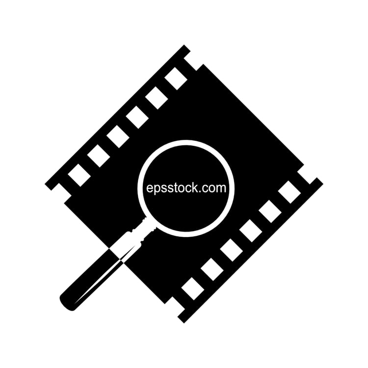 Film strip under magnifying glass, cinema critic symbol, black isolated vector silhouette