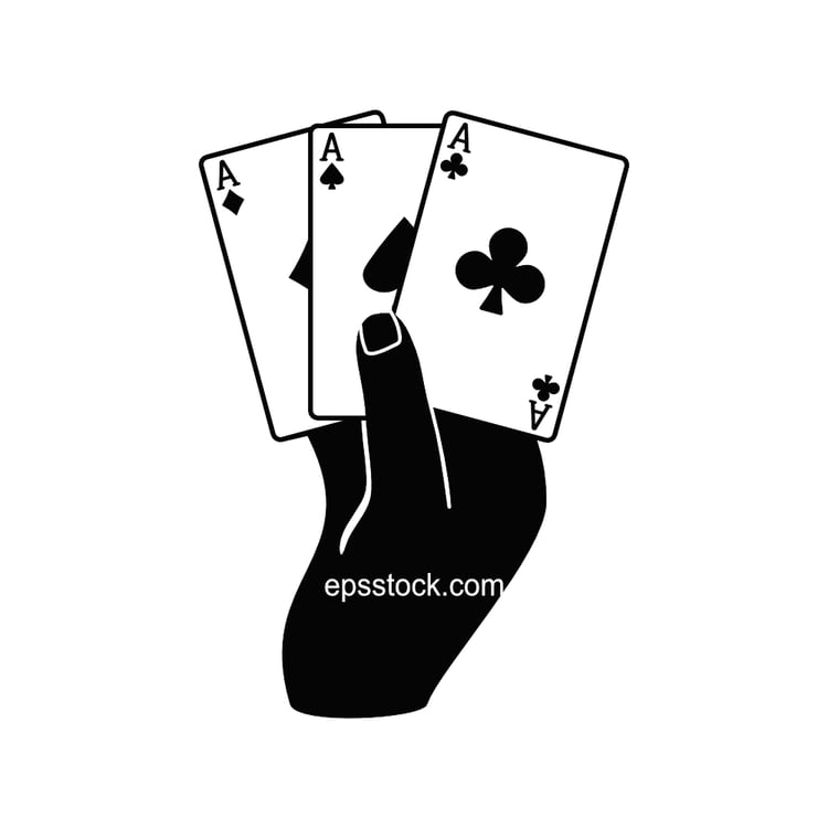 Hand with three aces , black isolated vector silhouette