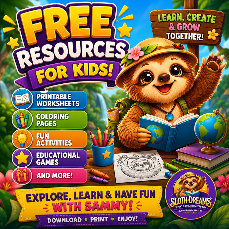 Sammy'Free Resources & Activities for Kids 0-12  by Sloth Dreams Books & Publishing Company