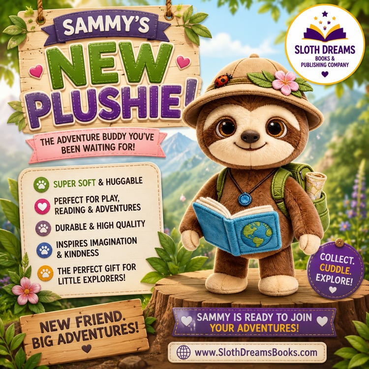 Sammy Sloth the Explorer Mascot for Sloth Dreams Books & Publishing Company