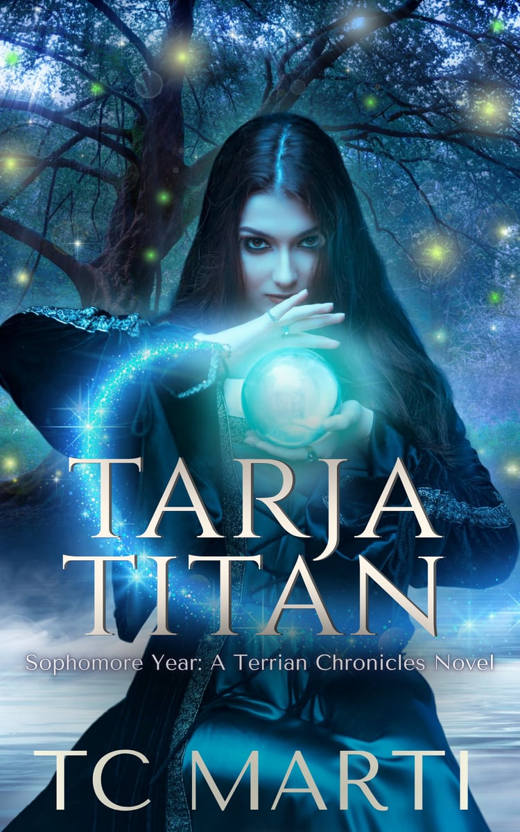 Tarja Titan Sophomore Year by TC Marti. A girl with long black hair and pale skin conjures an orb in a wintry scene.