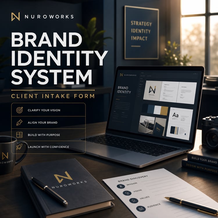 A clean, modern workspace with soft cinematic lighting. A laptop, notebook, and minimal desk accessories sit on a smooth surface, creating a professional branding environment. The scene uses cool tones with warm highlights, giving it a polished, creative,