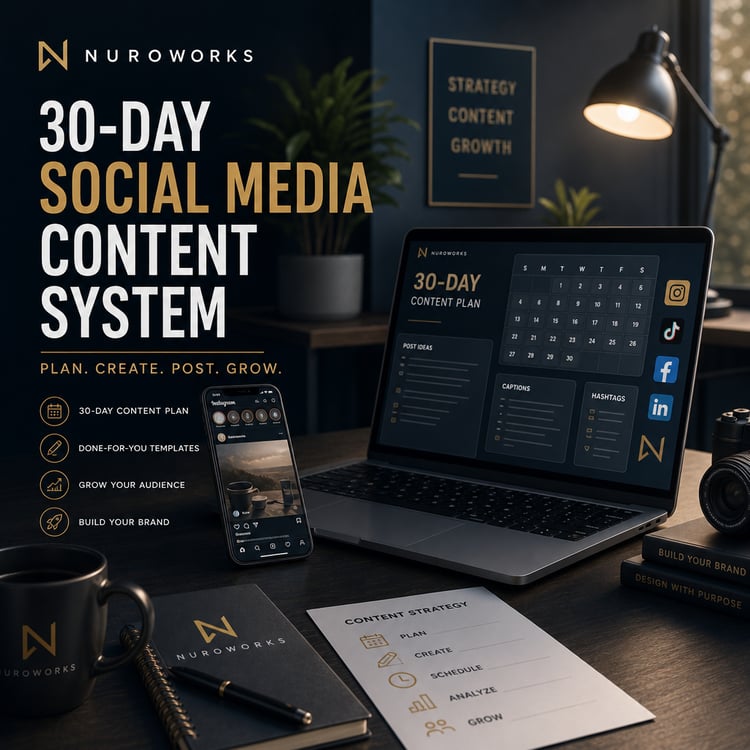 A cinematic modern workspace featuring a laptop displaying a 30‑day social media content plan, a smartphone with social apps, and branded notebooks on a clean desk. The scene uses warm lighting and sleek design to represent organized content creation and