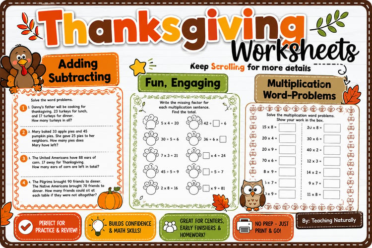 Thanksgiving Math Printable Worksheets | Addition, Subtraction & Word Problems