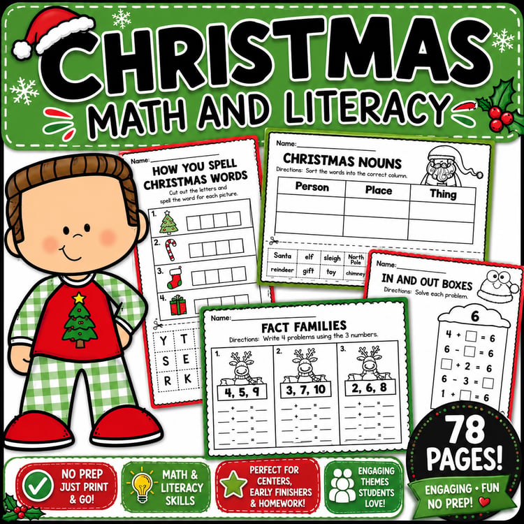 Christmas Worksheets No-Prep Packet | Fun Math & Literacy Activities for 1st & 2nd Grade