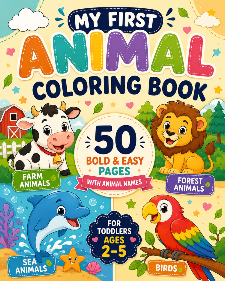 Cute animal coloring book for kids featuring 50 fun and easy coloring pages with adorable cartoon animals for children.