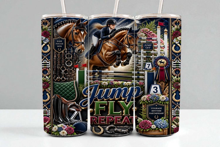 Equestrian 20oz tumbler wrap featuring a horse and rider jumping an obstacle, horse tack, show‑jumping poles, rosette ribbon, florals, and gold accents in a 300 DPI PNG design.