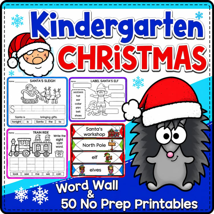 Christmas Kindergarten Worksheets | 50 No-Prep Math & Literacy Printables + 56 Word Wall Cards