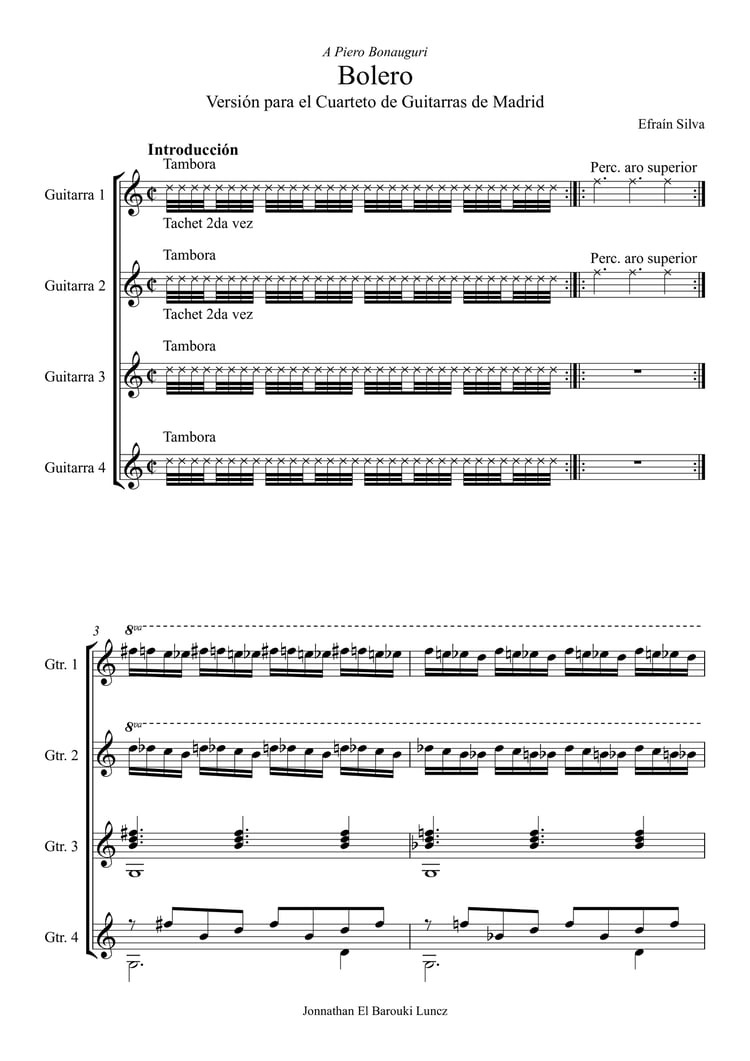 Bolero, Efrain Silva, Piero Bonauguri, Cuarteto de Guitarras de Madrid, Guitar Quartet, Cuarteto de Guitarras, Chamber Music, Musica de Camara, Latin American Guitar, Sheet Music, Partituras, Particellas, Guitar Ensemble.