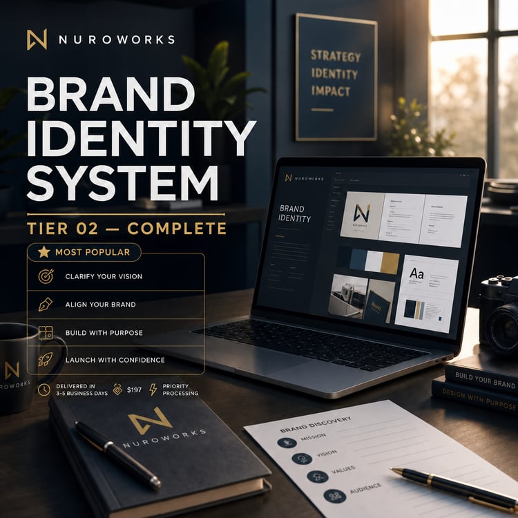 Cinematic workspace with a laptop and notebook displaying the NuroWorks Brand Identity System Tier 02 — Complete cover, featuring premium gold accents and a Most Popular badge.