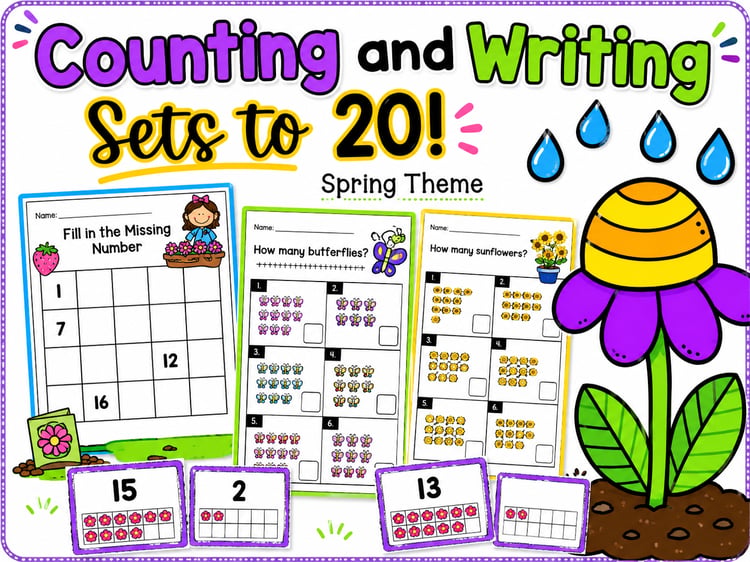 Spring Kindergarten Math Packet | Counting, Matching & Writing Numbers to 20