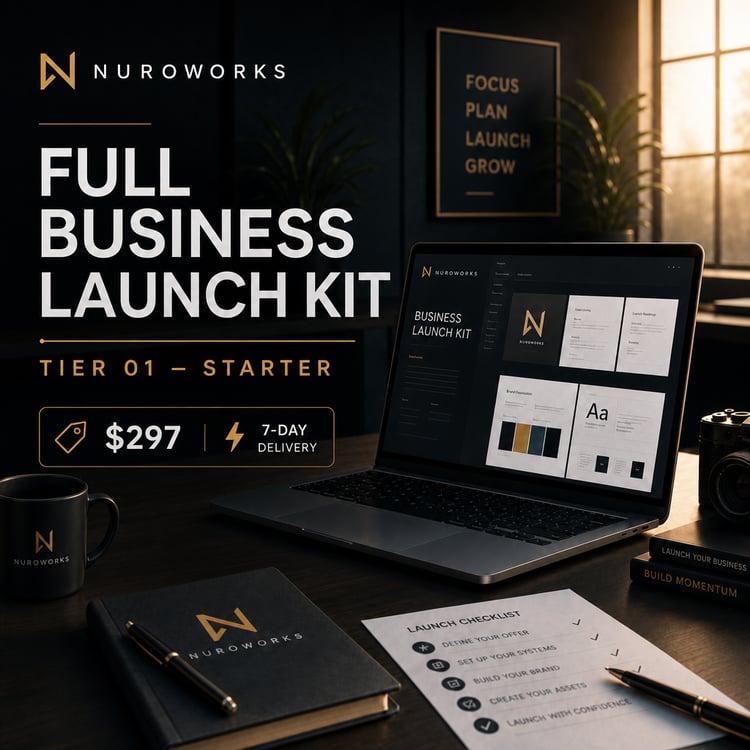 Cinematic dark workspace with laptop showing NuroWorks Full Business Launch Kit Tier 01 Starter cover.