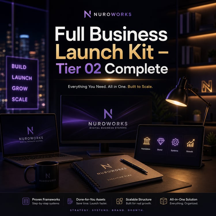 Cinematic dark workspace with laptop showing “Full Business Launch Kit — Tier 02 Complete” cover.