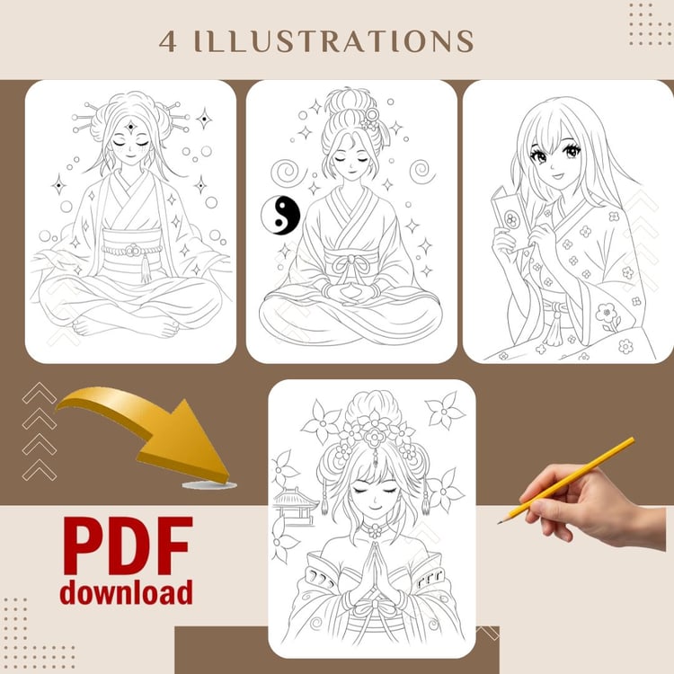 coloriage manga, coloriage zen, pdf a imprimer, dessin anime japonais, coloriage adulte, detente meditation, femme en kimono, telechargement digital, manga line art, cadeau de Noel, activite anti stress, coloriage esthetique, culture japonaise