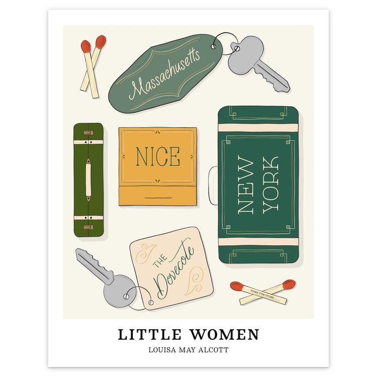 Typography-focused literary art print with hand-lettered names of Louisa May Alcotts Little Women story locations