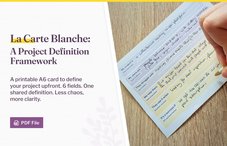 La Carte Blanche: A Project Definition Framework. A printable A6 card to define your project upfront. 6 fields. One shared definition. Less chaos, more clarity. PDF file.