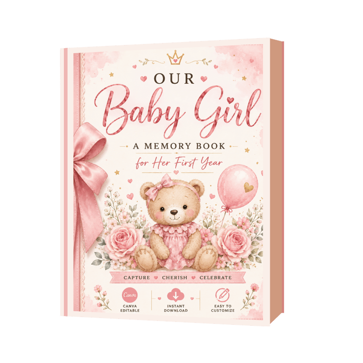 Title page for baby girl memory book with icons and text stating "Capture, Cherish, Celebrate".