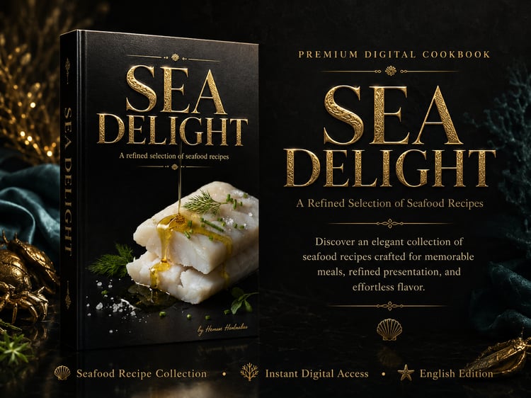 Sea Delight premium digital seafood recipe collection with elegant seafood dish and gold luxury design