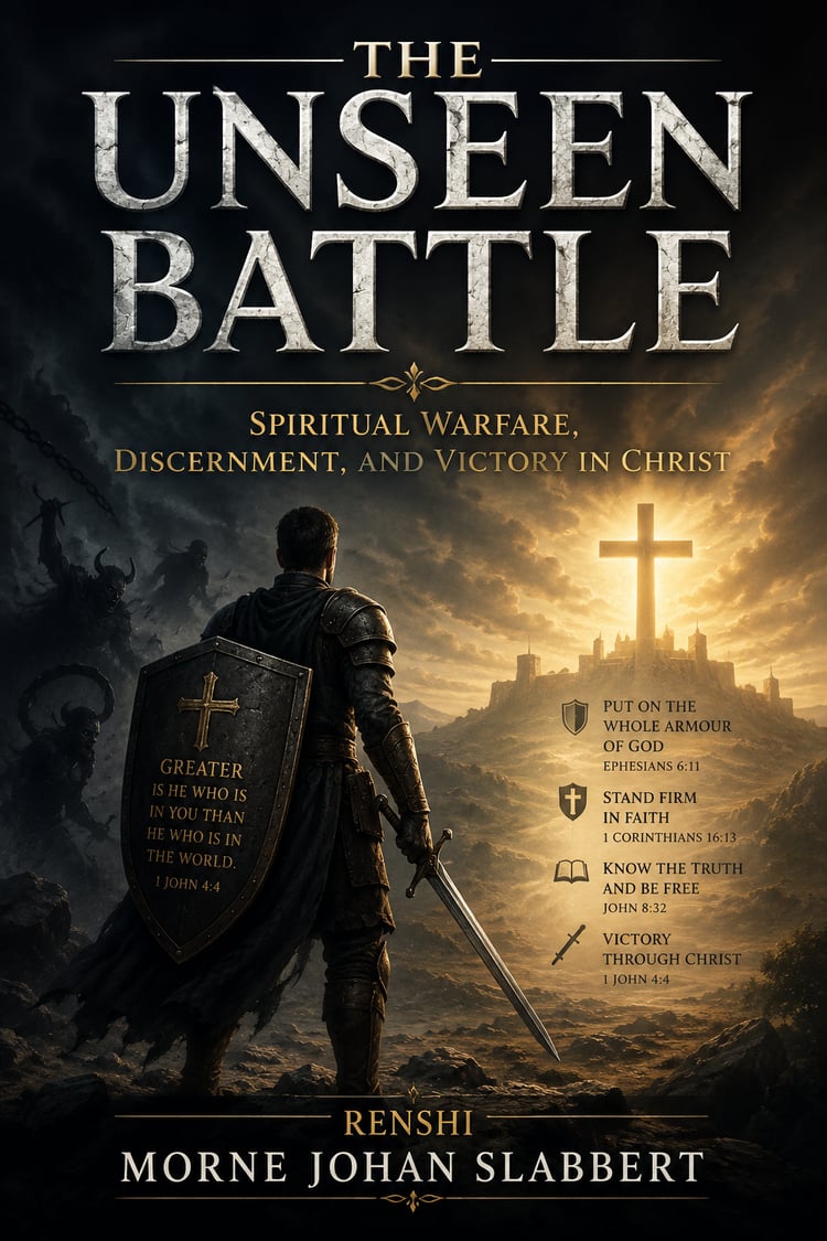 Christian book cover for The Unseen Battle: Spiritual Warfare, Discernment, and Victory in Christ by Renshi Mornè Johan Slabbert, featuring themes of faith, spiritual warfare, prayer, light overcoming darkness, and victory through Jesus Christ.