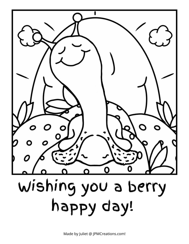 Cute Snail Strawberries Happy Day Summer Coloring Page (Letter Size With Text)