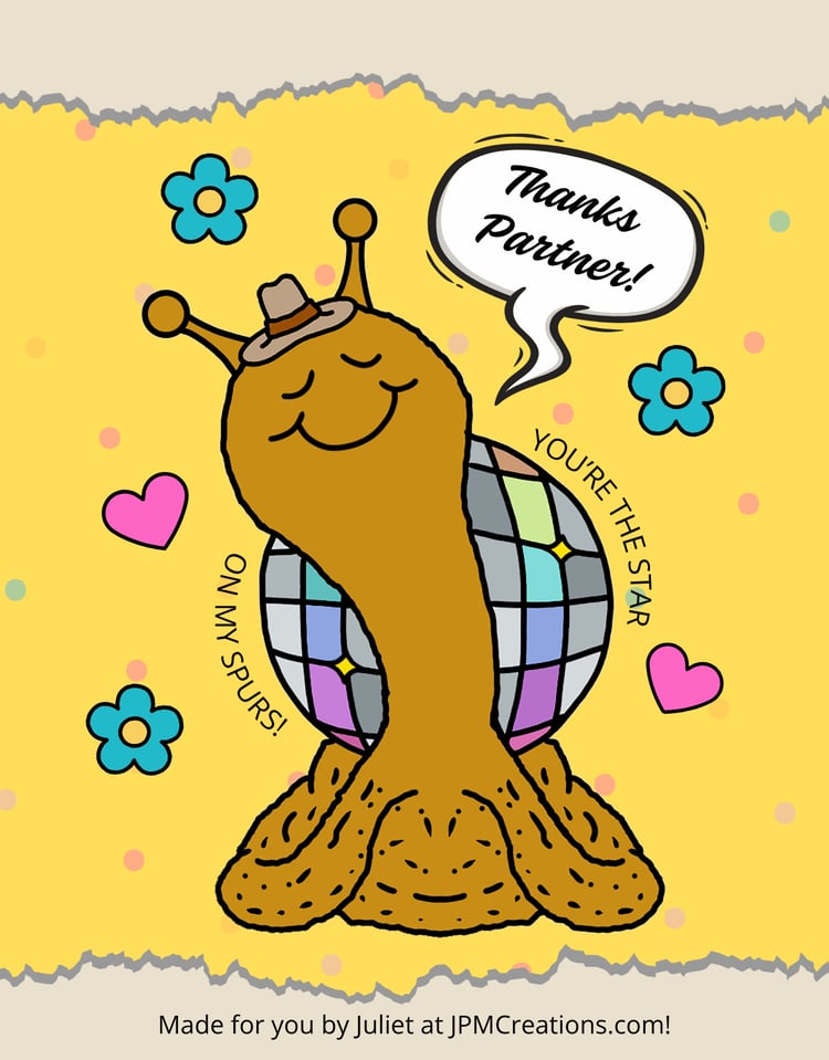Cute Snail Disco Ball Cowgirl Thanks Partner Sharable Postcard (Yellow)