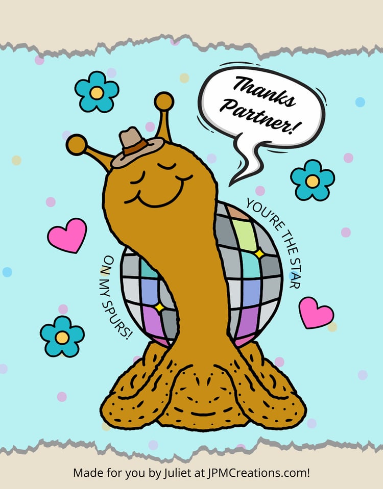 Cute Snail Disco Ball Cowgirl Thanks Partner Sharable Postcard (Blue)