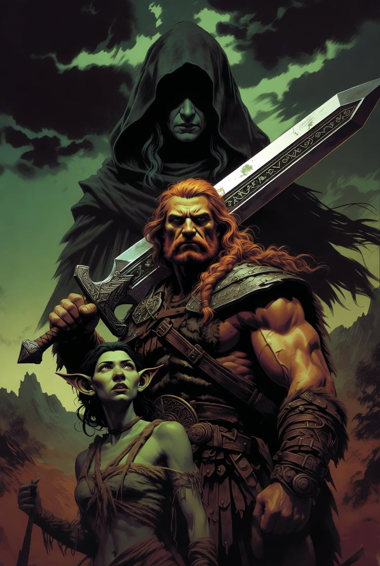 Dark fantasy epic scene of a fierce red-haired barbarian warrior gripping a massive ornate sword, with a menacing hooded cloaked figure looming behind him and a green-skinned elf woman standing in front, set against a dramatic stormy green sky and rugged