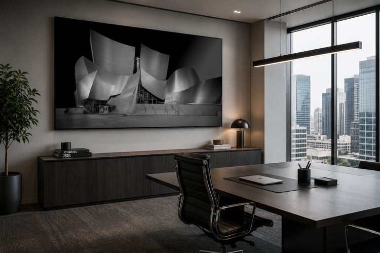 Walt Disney Concert Hall Los Angeles monochrome architecture photography print — edited sky, COVID lockdown 2020, digital download Tony Reddington Photography corporate office mock up