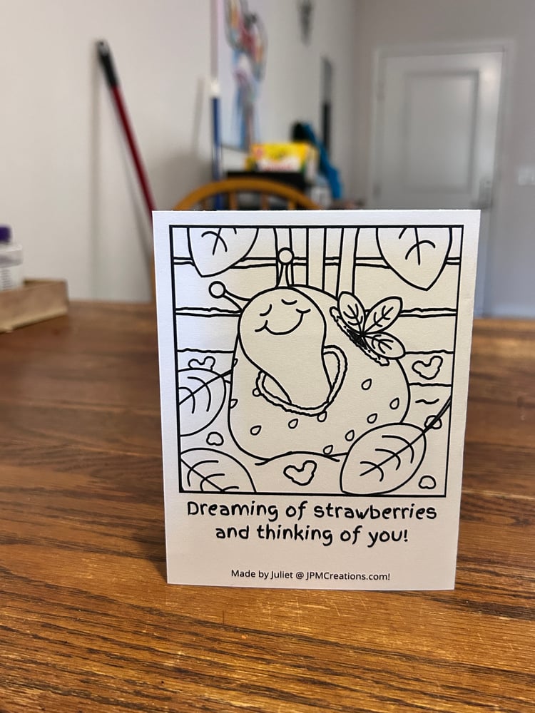 Cute Snail Dreaming Of Strawberries And Thinking Of You Summer Coloring Tent Postcard (Back)
