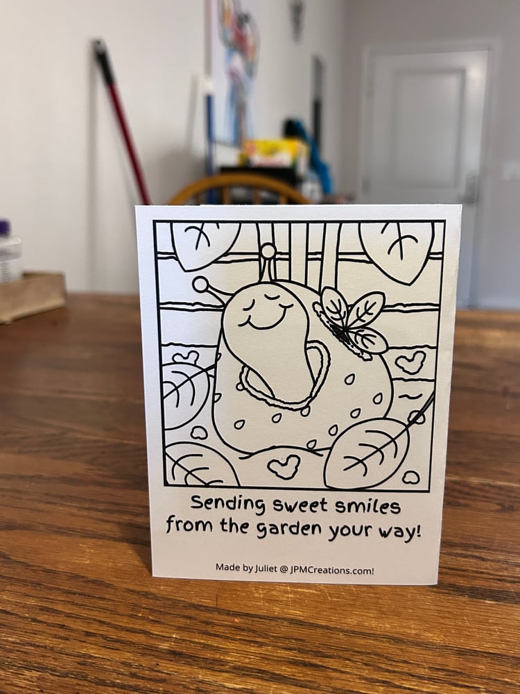 Cute Snail Sending Strawberry Smiles From The Garden Your Way Summer Coloring Tent Postcard (back)