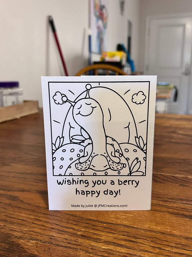 Cute Snail Sending Strawberries Berry Happy Day Summer Coloring Tent Postcard (Back)