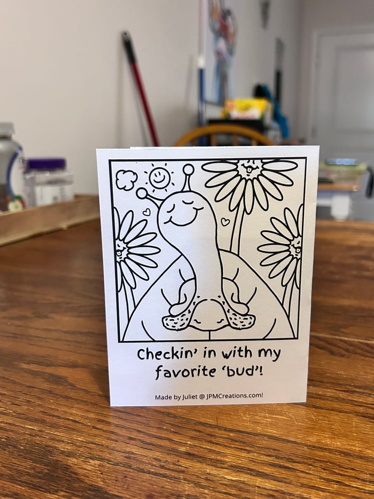 Cute Snail Checkin’ In With My Favorite Bud Summer Sunflower Coloring Tent Postcard (back