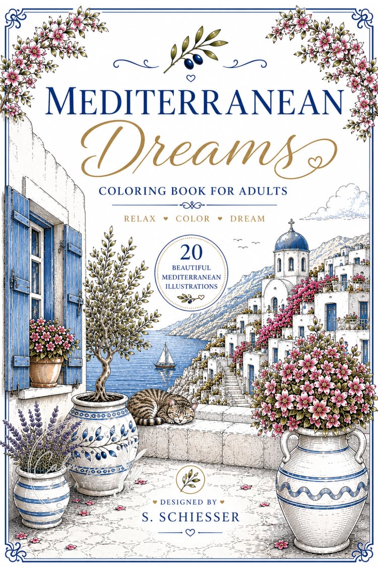 Mediterranean Dreams adult coloring book cover featuring a peaceful Greek island village with blue doors, flowers, sea views and Mediterranean coastal scenery.