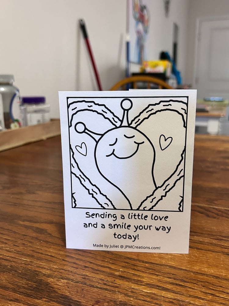Cute Snail Heart Tree Coloring Tent Postcard (back)