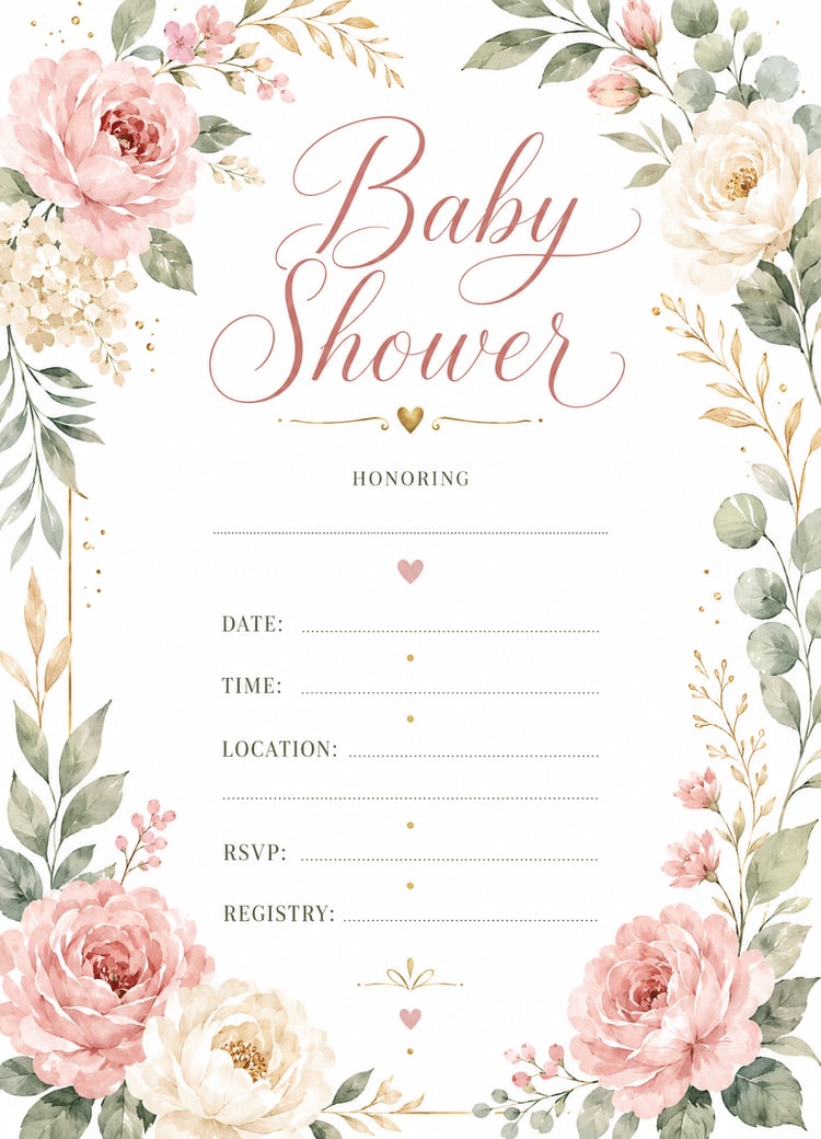 Dusty pink sage and cream watercolor baby shower invitation with gold accents  Soft blush floral printable baby shower invitation template  Elegant pink botanical baby shower invite on white background