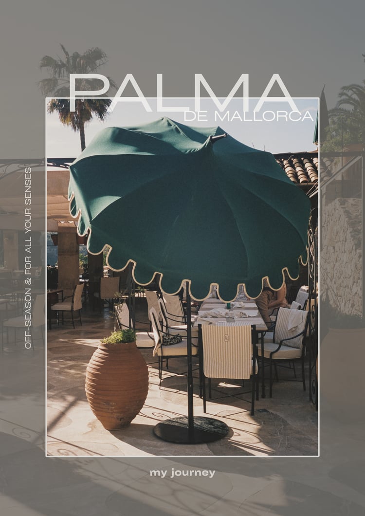 Palma de Mallorca Interactive Digital Travel Guide cover page by My Journey. Off-season and for all your senses visual journal featuring premium Mediterranean lifestyle photography, outdoor terrace design, and slow travel aesthetics. Korice knjige i naslo
