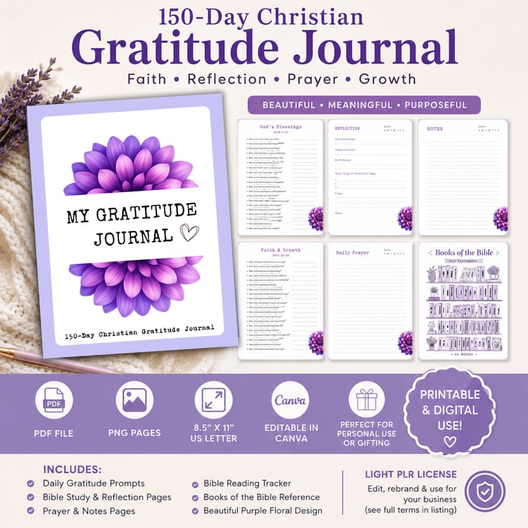 Christian Prayer & Gratitude Journal Printable, 150 Day Faith Journal, Bible Study Tracker, Women's Devotional PDF, Canva Editable, Commercial Use