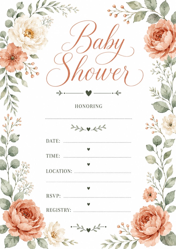 Elegant baby shower invitation with watercolor floral frame and white background  Printable 5x7 baby shower invitation template with soft floral border  Watercolor floral baby shower invite featuring elegant script title  Minimal baby shower invitation wi