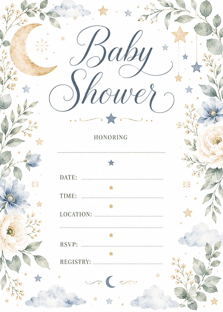 Elegant baby shower invitation with watercolor floral frame and white background  Printable 5x7 baby shower invitation template with soft floral border  Watercolor floral baby shower invite featuring elegant script title  Minimal baby shower invitation wi
