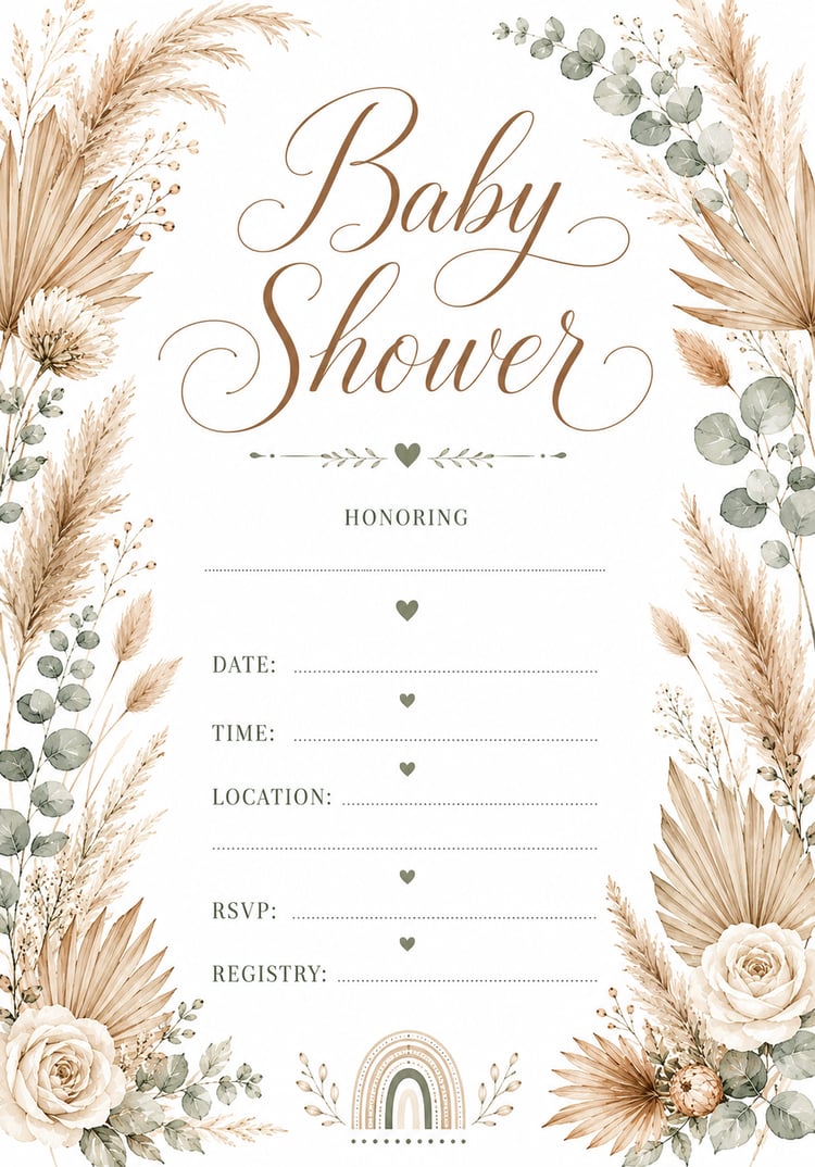 Elegant baby shower invitation with watercolor boho floral frame and white background  Printable 5x7 baby shower invitation template with soft floral border  Watercolor floral baby shower invite featuring elegant script title  Minimal baby shower invitati