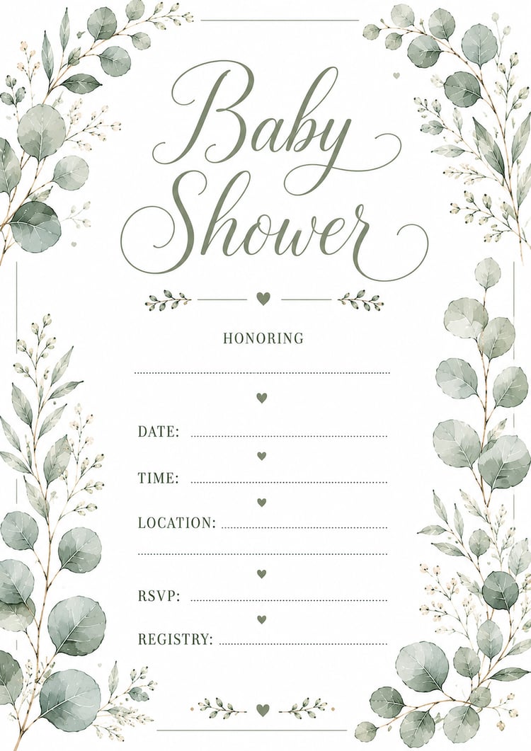 Eucalyptus themed watercolor minimalist baby shower printable invitation. Printable 5x7 baby shower invitation template with soft floral border  Watercolor floral baby shower invite featuring elegant script title  Minimal baby shower invitation with fill-