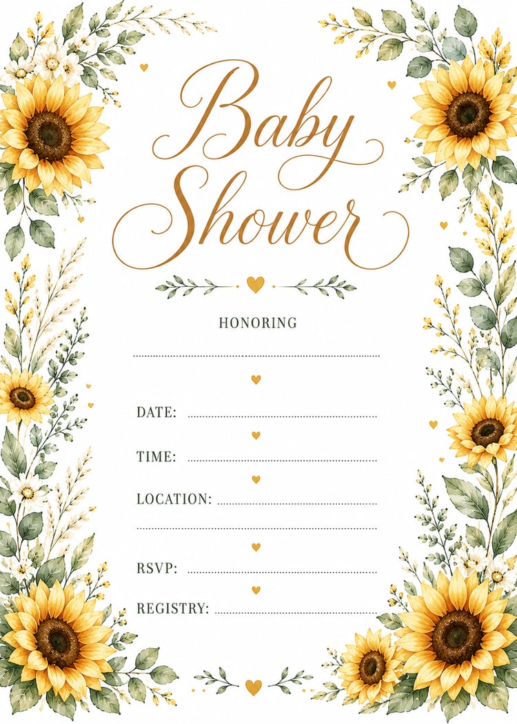Watercolor minimalist sunflower theme baby shower invitation Elegant baby shower invitation with watercolor floral frame and white background  Printable 5x7 baby shower invitation template with soft floral border  Watercolor floral baby shower invite feat