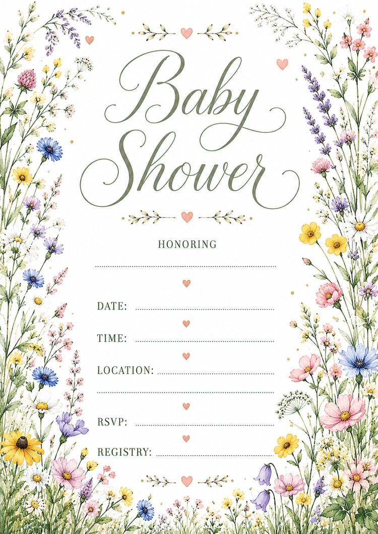 Watercolor elegant wildflower meadow themed baby shower 5x7 invitation