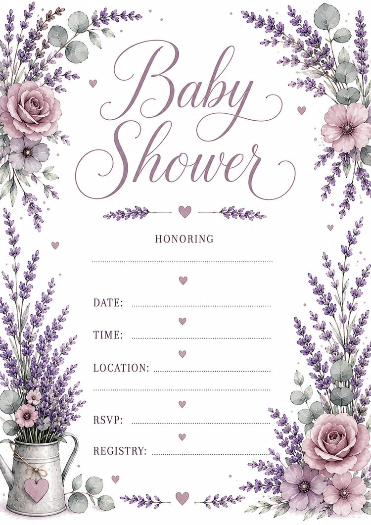 Elegant lavender and mauve baby shower invitation with watercolor floral frame and white background