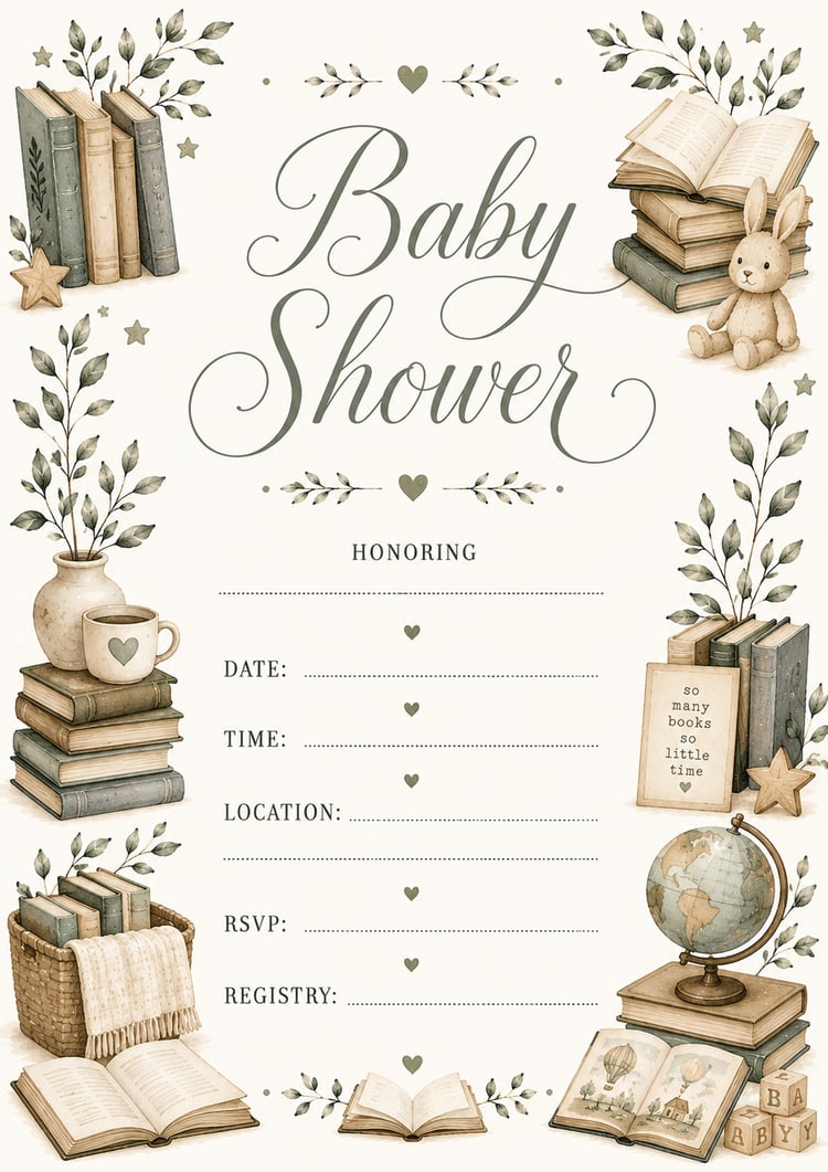 Library, book, bookish cozy theme gender neutral watercolor baby shower invitation